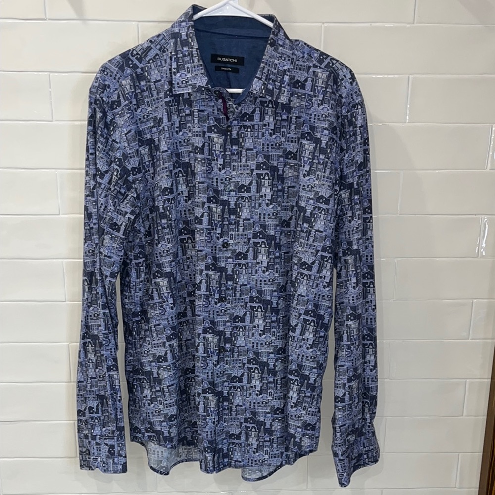 Bugatchi Men's Blue All Over Patterned with Buildings Button Down Shirt